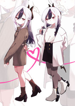 1girl absurdres alternate_costume alternate_hairstyle arm_behind_back black_hair black_horns black_pantyhose black_skirt blue_archive blush boots braid bright_pupils brown_socks brown_sweater buttons casual closed_mouth coat commentary_request demon_girl demon_horns demon_wings double-breasted ear_piercing frown full_body gradient_hair half_updo hand_up heart heart_of_string high-waist_skirt high_heel_boots high_heels highres horns kayoko_(blue_archive) kisaka long_hair low_twin_braids low_wings multicolored_hair multiple_views open_clothes open_coat pantyhose piercing playing_with_own_hair red_eyes simple_background single_wing skirt sleeves_past_wrists slit_pupils socks standing standing_on_one_leg sweater turtleneck turtleneck_sweater twin_braids two-tone_hair white_background white_boots white_coat white_hair white_pupils white_sweater wings