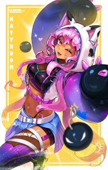 Rule 34 | 1girl, absurdres, animal ear hood, artist logo, artist name, belt, blonde hair, blue collar, blue eyeshadow, blue skirt, bow, breasts, bright pupils, character name, collar, commentary, commission, diamond-shaped pupils, diamond (shape), english commentary, eyeshadow, fake animal ears, fangs, gradient hair, heart, highres, hood, hooded jacket, indie virtual youtuber, jacket, katyrdom (vtuber), knightfang, lips, logo, long hair, makeup, multicolored hair, navel, one eye closed, open mouth, orange eyes, pink bow, pink hair, pleated skirt, purple thighhighs, see-through cleavage, see-through clothes, skirt, symbol-shaped pupils, tan, thighhighs, vgen commission, virtual youtuber, white belt, white pupils