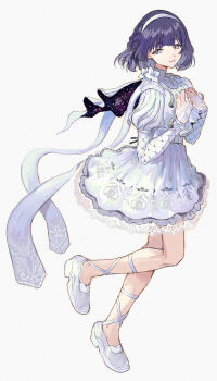 1girl absurdres blunt_bangs bridal_gauntlets commentary dress flower frilled_dress frills full_body gakuen_idolmaster hairband hands_up hataya_misuzu highres idolmaster juliet_sleeves long_sleeves looking_at_viewer mole mole_under_mouth mou_(piooooon) puffy_sleeves purple_hair shoes short_hair smile solo space_print standing standing_on_one_leg starry_sky_print symbol-only_commentary white_dress white_flower white_hairband white_shoes