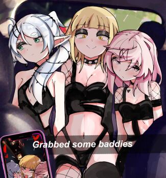 3girls absurdres alternate_costume asymmetrical_legwear bare_shoulders black_eyeshadow black_shirt black_thighhighs blonde_hair blush boku_no_hero_academia breasts car_interior choker cleavage closed_mouth collar commentary doki_doki_literature_club eclipxare english_commentary english_text eyeshadow fishnet_sleeves fishnet_thighhighs fishnets flat_chest frieren goth_fashion green_eyes hair_ornament heart heart_tattoo highres implied_after_sex long_hair looking_at_viewer looking_to_the_side makeup medium_breasts mismatched_legwear multiple_girls natsuki_(doki_doki_literature_club) patreon_username pink_eyes pink_hair shirt short_hair sitting small_breasts smile snapchat sousou_no_frieren spiked_collar spikes tattoo thighhighs toga_himiko twintails white_hair yellow_eyes