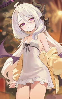 1girl absurdres ahoge black_halo blue_archive blush breasts commentary_request demon_girl demon_horns demon_wings halo highres hina_(blue_archive) horns long_hair looking_at_viewer low_wings outdoors purple_eyes seulpeunna small_breasts solo standing sweat white_hair wings