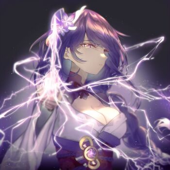 1girl absurdres aiming aiming_at_viewer blunt_bangs blurry braid breasts cleavage closed_mouth commentary_request depth_of_field dotori4924 electricity from_side genshin_impact glowing highres holding holding_sword holding_weapon japanese_clothes katana kimono large_breasts long_braid long_hair mole mole_under_eye musou_isshin_(genshin_impact) neck_ribbon off_shoulder powering_up purple_background purple_eyes purple_hair purple_kimono raiden_shogun red_ribbon red_sash ribbon sash single_braid solo sword upper_body weapon