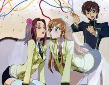 1boy 2girls ashford_academy_school_uniform brown_hair celebration code_geass kouzuki_kallen kururugi_suzaku looking_at_another lowres multiple_girls necktie non-web_source one_eye_closed open_mouth orange_hair party purple_hair school_uniform shirley_fenette yuri