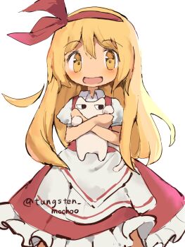 1girl apron blonde_hair bow_hairband cat ellen_(touhou) hairband highres holding long_hair open_mouth pet red_hairband red_shoes red_vest shoes touhou touhou_(pc-98) tungsten_mochoo vest waist_apron white_background white_cat yellow_eyes