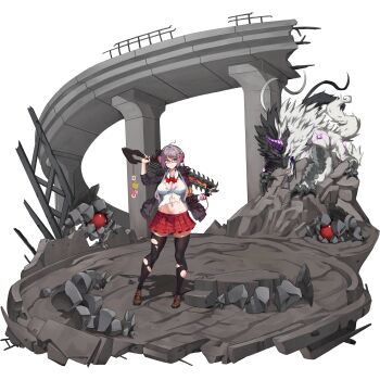 Rule 34 | 1girl, ahoge, aqua eyes, armor, black fur, black jacket, black thighhighs, bow, bowtie, breasts, breasts apart, brown shoes, cellphone, chainsaw, chainsword, charm (object), checkered clothes, checkered skirt, claws, closed mouth, collared shirt, donut, fangs, flower, food, frog, full body, fur-trimmed jacket, fur trim, glasses, hair ornament, hairclip, haru estia, headphones, heart, highres, holding, holding phone, holding sword, holding weapon, horns, impossible clothes, impossible shirt, jacket, large breasts, last origin, legs apart, linea alba, listening to music, long hair, looking to the side, mary janes, miniskirt, monster, navel, non-web source, official alternate costume, official alternate eye color, official alternate hair color, official alternate hair length, official alternate hairstyle, official art, open clothes, open jacket, patch, phone, pink flower, plate armor, pleated skirt, purple hair, purple horns, rectangular eyewear, red-framed eyewear, red bow, red bowtie, red skirt, rubble, ruins, shirt, shoes, sidelocks, single horn, skindentation, skirt, smartphone, smile, soulworker, standing, steel beam, sword, sword on back, tachi-e, thighhighs, torn clothes, torn shirt, torn thighhighs, transparent background, two-tone fur, u-rix, weapon, weapon on back, white fur, white shirt, wolf, zettai ryouiki