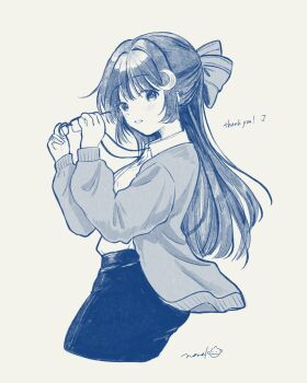 Rule 34 | 1girl, cardigan, character request, commission, copyright request, crescent, crescent hair ornament, cropped legs, from side, glasses, hair ornament, hair ribbon, half updo, hands up, highres, holding, holding removed eyewear, long hair, long sleeves, looking at viewer, looking to the side, monochrome, nena labo, open cardigan, open clothes, pants, parted lips, ribbon, shirt, sidelocks, simple background, solo, thank you, unworn eyewear, white background