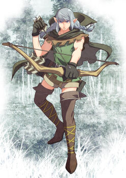 1boy arrow_(projectile) boots bow_(weapon) braid cape chinjuu_hibakichi cosplay dragon&#039;s_crown elf_(dragon&#039;s_crown) elf_(dragon&#039;s_crown)_(cosplay) gloves grey_eyes grey_hair hood male_focus megami_tensei narukami_yu parody persona persona_4 pointy_ears shin_megami_tensei solo thigh_boots thighhighs twin_braids weapon