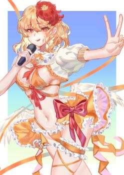 1girl baby_animal bikini bird blonde_hair bow breasts chick commentary_request highres holding holding_microphone medium_breasts microphone midriff multicolored_hair navel niwatari_kutaka orange_bikini red_bow red_eyes red_hair simple_background smile solo swimsuit touhou user_nhsf7722 v