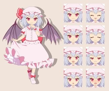 1girl 4rion absurdres back_bow bat_wings bow closed_mouth commentary_request full_body hat hat_ribbon highres mob_cap multiple_expressions pink_hat pink_shoes pink_skirt puffy_short_sleeves puffy_sleeves purple_wings red_eyes red_ribbon remilia_scarlet ribbon shoes short_sleeves skirt skirt_hold smile standing tachi-e touhou waist_bow wings