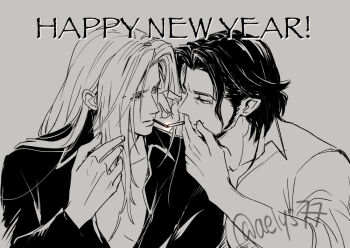 Rule 34 | 2boys, aelys77, angeal hewley, beard, black hair, black shirt, chinstrap beard, cigarette, collared shirt, commentary request, crisis core: final fantasy vii, facial hair, final fantasy, final fantasy vii, furrowed brow, grey hair, greyscale, happy new year, holding, holding cigarette, lighting another's cigarette, long bangs, long hair, medium hair, monochrome, multiple boys, new year, parted bangs, parted lips, sephiroth, shirt, sideburns, sketch, sleeves rolled up, smoking, twitter username, upper body, white shirt, yaoi
