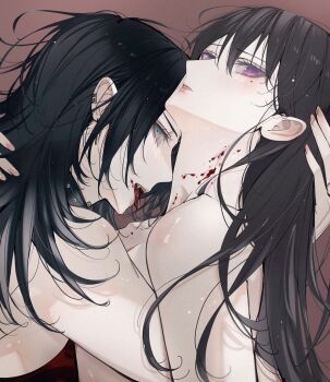 2girls bang_dream! bang_dream!_it&#039;s_mygo!!!!! blackfangs blood brown_hair camisole chinese_commentary commentary_request ear_piercing fangs hair_between_eyes long_hair mole mole_under_eye multiple_girls open_mouth piercing purple_eyes red_camisole shiina_taki upper_body yahata_umiri yuri