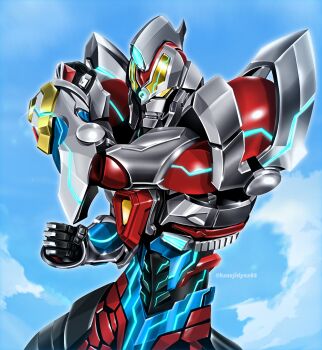 Rule 34 | 1boy, acceptor, armor, arms across body, black armor, blue armor, blue sky, breastplate, clenched hands, cloud, cloudy sky, commentary, cowboy shot, day, forehead jewel, full armor, gauntlets, gem, giant, giant male, glowing, glowing eyes, green gemstone, gridman (character), gridman (ssss), gridman universe, hanejidyna86, highres, looking down, male focus, mecha, multicolored armor, outdoors, red armor, robot, shoulder armor, shoulder pads, silver armor, sky, solo, ssss.gridman, tokusatsu, toned, toned male, twitter username, yellow eyes