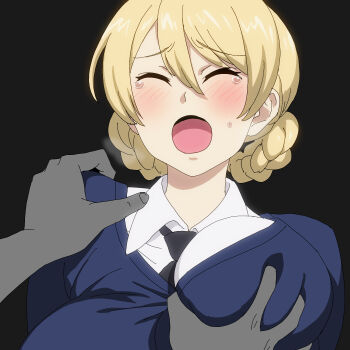 1boy 1girl black_background black_necktie blonde_hair blue_jacket closed_eyes darjeeling_(girls_und_panzer) girls_und_panzer grabbing_another's_breast groping hetero highres jacket long_hair necktie onsen_tamago_(hs_egg) open_mouth pov school_uniform shirt simple_background st._gloriana's_school_uniform tears upper_body white_shirt