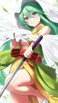 bare_shoulders blue_eyes cloak criss-cross_halter green_hair hair_between_eyes halterneck highres himetsuru_ichimonji_(tenka_hyakken) holding holding_cloak holding_sword holding_weapon japanese_clothes kurofuti leaf light_blush light_smile long_hair looking_at_viewer obi personification red_sash revealing_clothes sash shoes skirt swept_bangs sword tenka_hyakken thighs weapon white_cloak white_shoes yellow_skirt