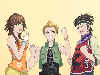 Rule 34 | 1girl, 2boys, bandana, black headband, black shirt, black tank top, breasts, brown hair, clenched hands, commentary request, floral print, gogo (detteiu de), green eyes, green jacket, grin, hair over shoulder, hair slicked back, hands up, happy, hayner, headband, highres, jacket, jewelry, kingdom hearts, kingdom hearts ii, long hair, looking at another, medium breasts, multiple boys, necklace, olette, one eye closed, open mouth, orange shirt, orange tank top, own hands together, pants, pence, pendant, purple bandana, red shirt, shirt, skull print, sleeveless, sleeveless jacket, smile, spiked hair, tank top, upper body, wavy hair, yellow background, yellow pants