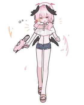 1girl :d blue_archive criss-cross_halter crop_top denim denim_shorts full_body halo halterneck head_wings highleg highleg_panties holding holding_water_gun koharu_(blue_archive) koharu_(pizza_hut)_(blue_archive) low_twintails low_wings medium_hair nagakiras2 nail_polish official_alternate_costume open_fly open_mouth panties pink_eyes pink_hair pink_halo sandals short_shorts shorts simple_background smile solo standing toenail_polish toenails twintails underwear water_gun white_background wings