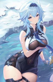 1girl absurdres ainrichman arm_rest arm_under_breasts asymmetrical_hair bare_arms black_hairband blue_hair blue_necktie bodystocking breasts commentary_request covered_navel eula_(genshin_impact) frown genshin_impact hair_ornament hairband highres ice large_breasts leotard looking_at_viewer medium_hair necktie partially_submerged purple_eyes revision sitting solo thick_thighs thigh_strap thighs water