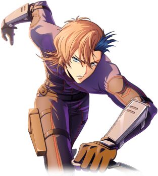 1boy ash_phoenix blue_eyes brown_hair code_geass code_geass:_dakkan_no_roze code_geass:_lost_stories f4samurai holding holding_knife holding_weapon knife long_hair multicolored_hair official_art running short_hair solo teeth two-tone_hair weapon