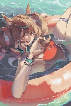 1girl 80illu absurdres angelina_(arknights) angelina_(summer_flower)_(arknights) animal_ears arknights blush breasts brown_hair casual_one-piece_swimsuit commentary_request earpiece fox_ears fox_girl highres infection_monitor_(arknights) jewelry large_breasts long_hair looking_at_viewer necklace official_alternate_costume on_innertube one-piece_swimsuit one_eye_closed open_mouth red_eyes red_one-piece_swimsuit red_ribbon ribbon solo swimsuit teeth thigh_strap twintails upper_teeth_only water
