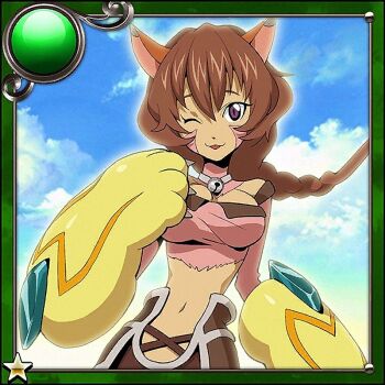 .hack// .hack//g.u. .hack//link .hack//roots 1girl :3 animal_ears animal_hands bell bike_shorts boots breasts brown_hair cat_ears cleavage cloud gloves hair_between_eyes hand_up kikuya_megane large_breasts long_hair midriff navel neck_bell official_art one_eye_closed open_mouth paw_gloves pink_tube_top purple_eyes sky smile solo standing star_(symbol) strapless tabby_(.hack//) tube_top upper_body