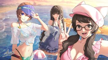 3girls arai_motoha ball beach beachball bikini bikini_under_clothes black-framed_eyewear black_hair blonde_hair blue_eyes blue_one-piece_swimsuit breasts cho_gum cleavage cloud commentary covered_navel english_commentary glasses hat large_breasts long_hair low_twintails medium_breasts multiple_girls navel noge_tomoko ocean official_alternate_costume official_art one-piece_swimsuit one_eye_closed outdoors partially_submerged persona persona_5 persona_5:_the_phantom_x pink_bikini pink_hat second-party_source shirt short_hair signature sky stomach swimsuit tanemura_riko twintails v w water wet wet_clothes wet_shirt