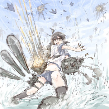 >:o 10s 1girl :o battle black_hair brown_eyes cannon explosion female_focus firing fubuki_(kancolle) kantai_collection kneehighs machinery midriff navel pleated_skirt ponytail school_uniform serafuku shells ship_turret short_ponytail sketch skirt smoke socks solo torpedo v-shaped_eyebrows yukimochi_(yume)