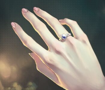 1girl blue_gemstone commentary_request gem grey_background hand_focus highres jewelry link!_like!_love_live! love_live! ornate_ring osawa_rurino ring saidamoosu solo virtual_youtuber wedding_ring