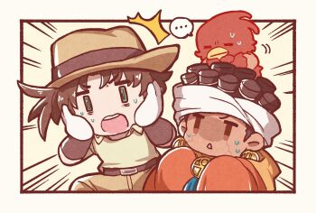 ... 1other 2boys aged_down alternate_universe animal animal_on_head bird bird_on_head brown_hair brown_hat brown_pants chibi chibi_only commentary_request dark-skinned_male dark_skin earrings emphasis_lines gloves green_eyes hat headband highres hoop_earrings jewelry jojo_no_kimyou_na_bouken joseph_joestar joseph_joestar_(old) joseph_joestar_(young) kasasagi_(hinagi) magician&#039;s_red male_focus mohammed_avdol multiple_boys on_head orange_robe pants robe shaded_face sleeves_past_fingers sleeves_past_wrists stand_(jojo) stardust_crusaders sweat triangle_mouth white_gloves white_headband