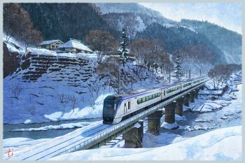 building commentary_request day high-speed_train house mountain mugumo_24k no_humans original power_lines railroad_tracks river scenery snow train water winter