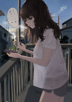 1girl absurdres bags_under_eyes black_hair blue_eyes cellphone cigarette commentary_request dolphin_shorts eru_aise glasses highres jimiko long_hair messy_hair mole mole_under_mouth no_bra original outdoors phone see-through_clothes shorts smartphone smoking solo translated