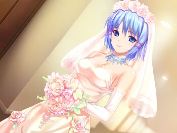 1girl baseboard blue_eyes blue_hair bouquet breasts bridal_veil ceiling_light choker detached_sleeves dress flower flower_dress game_cg hair_ornament highres himuro_rikka holding holding_bouquet koutaro lace_trim medium_breasts pink_dress short_hair smile strapless strapless_dress tropical_kiss veil wedding_dress x_hair_ornament