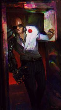 1boy artist_name aviator_sunglasses bald belt black_shirt blazer collared_shirt commentary dark-skinned_male dark_skin doomfist_(overwatch) doorway draneria english_commentary feet_out_of_frame formal_doomfist hand_on_wall highres indoors jacket leaning_to_the_side light_smile looking_at_viewer male_focus mechanical_arms mechanical_hands overwatch painting_(medium) pants pink_lips pinstripe_pants pinstripe_pattern shiny_forehead shiny_lips shiny_neck shiny_nose shiny_skin shirt single_mechanical_arm single_mechanical_hand solo standing sunglasses traditional_media v-neck white_shirt yellow-framed_eyewear
