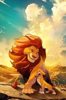 2boys absurdres animal_ears cloud comic_cover commentary egal_art english_commentary highres lion lion_boy lion_cub lion_ears lion_mane lion_tail looking_at_another male_focus mufasa multiple_boys no_humans official_art open_mouth roaring simba smile tail the_lion_king