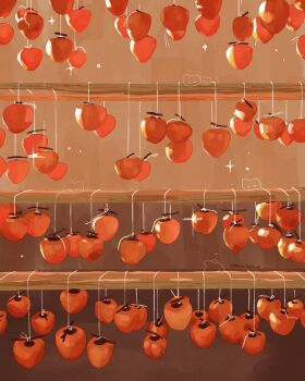 commentary english_commentary food fruit fruit_focus highres no_humans original persimmon plank rokktober string