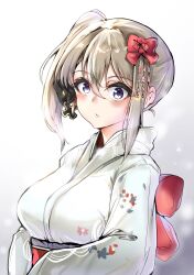 Rule 34 | 1girl, alternate costume, alternate hairstyle, azur lane, black bow, blonde hair, blue eyes, bow, breasts, cross, floral print, flower, hair between eyes, hair bow, hair flower, hair ornament, heiyan heiyan, highres, iron cross, japanese clothes, kimono, large breasts, light brown hair, long sleeves, looking at viewer, medium breasts, medium hair, own hands together, print kimono, red bow, red flower, short hair, side ponytail, solo, staring, surprised, upper body, white kimono, wide-eyed, z23 (azur lane)