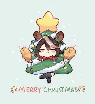 1girl absurdres animal_ears black_thighhighs blush bow brown_hair chibi chicken_(food) chicken_leg christmas_ornaments christmas_tree christmas_tree_costume closed_eyes closed_mouth commentary earrings english_commentary food fried_chicken hair_between_eyes highres horse_ears horse_girl jewelry long_hair merry_christmas multicolored_hair red_bow single_earring smile streaked_hair symboli_rudolf_(christmas_emperor_tree)_(umamusume) symboli_rudolf_(umamusume) thighhighs tree_costume ukichan22905846 umamusume white_hair