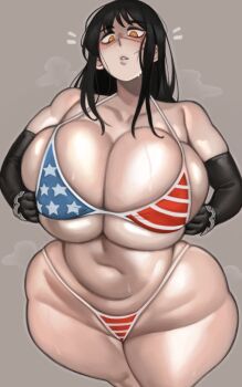 1girl absurdres american_flag american_flag_bikini american_flag_print bare_shoulders bikini black_hair breasts chainsaw_man cleavage collarbone curvy flag_print flag_print_bikini gloves grey_background highres hug huge_breasts kelvin_hiu large_breasts long_hair looking_at_viewer navel print_bikini print_swimsuit simple_background solo standing swimsuit thick_thighs thighhighs thighs yoru_(chainsaw_man)