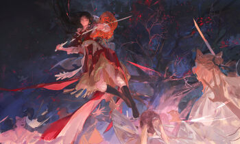 1girl 6+others absurdres arm_up black_boots black_hair black_sky blue_eyes boots broken broken_sword broken_weapon chinese_clothes chinese_commentary commentary_request facial_mark floating floating_hair forehead_mark hanfu highres holding holding_sword holding_weapon jian_(weapon) long_hair looking_at_viewer multiple_others night panni_xing pants paper_heron parted_lips red_hanfu reverse:1999 sky solo_focus sword tree weapon white_pants