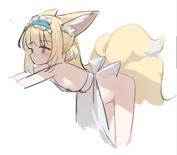 1girl animal_ears apron arknights blonde_hair blue_hairband blush breasts commentary cowboy_shot fox_ears fox_girl fox_tail frilled_hairband frills grey_eyes hairband kalun_(fwme3378) leaning_forward loli long_hair multicolored_hair naked_apron sideboob sketch small_breasts smile solo streaked_hair suzuran_(arknights) tail untranslatable_commentary white_streaks