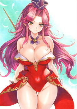Rule 34 | 1girl, angela (seiken densetsu 3), bare shoulders, blush, breasts, cleavage, commentary request, earrings, gloves, highres, jewelry, large breasts, leotard, long hair, looking at viewer, pointy ears, purple hair, red leotard, seiken densetsu, seiken densetsu 3, smile, solo, staff, very long hair, yellow eyes, yosaku vs hina