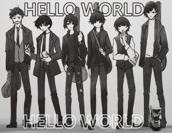 6+boys closed_mouth coffee_pot drumsticks facial_hair formal_clothes greyscale hand_in_pocket holding holding_microphone instrument instrument_case irukun00 jacket male_focus microphone monochrome multiple_boys mustache necktie olverse open_clothes open_jacket standing suit thinking thumb_in_pocket torn torn_clothes torn_legwear v