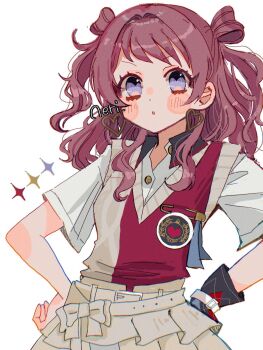 Rule 34 | 1girl, :o, artist name, belt buckle, blush, buckle, clothes pin, color guide, earrings, gakuen idolmaster, gloves, hajime (idolmaster), han (hn-khk), hanami saki, hands on own hips, hashtag-only commentary, heart, heart earrings, highres, idolmaster, jewelry, long hair, looking at viewer, red hair, shirt, short sleeves, simple background, single glove, skirt, solo, two-tone sweater vest, two side up, white background, white shirt, white skirt