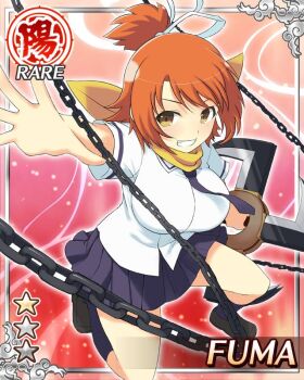 1girl blue_necktie blue_skirt breasts brown_eyes card_(medium) chain clenched_teeth fuma_(senran_kagura) fuuma_shuriken game_cg hair_ribbon hanzou_academy_school_uniform holding holding_shuriken holding_weapon large_breasts medium_hair necktie non-web_source official_alternate_costume official_art on_one_knee orange_hair pleated_skirt ribbon scarf school_uniform senran_kagura senran_kagura_new_wave shuriken skirt solo teeth topknot weapon white_ribbon yellow_scarf