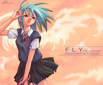 Rule 34 | 1girl, aqua hair, archived source, artist name, bf. (sogogiching), black skirt, blue sweater vest, collared shirt, commentary request, cowboy shot, dress shirt, english text, grey eyes, hair between eyes, impasto, korean commentary, legs apart, looking up, medium hair, miniskirt, neck ribbon, nose, nostrils, orange background, orange sky, original, parted lips, plaid clothes, plaid skirt, pleated skirt, red ribbon, ribbon, school uniform, serafuku, shirt, signature, skirt, sky, solo, spiked hair, sweater vest, undershirt, upturned eyes, white shirt, white sleeves, white wings, wing collar, wings