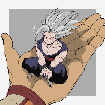 2boys border dougi dragon_ball dragon_ball_super dragon_ball_super_super_hero grey_background grey_hair highres living_(nsiring) long_hair multiple_boys muscular muscular_male orange_piccolo pants piccolo purple_pants purple_shirt red_eyes red_sash sash shirt simple_background sitting solo_focus spiked_hair white_border