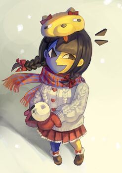 2girls animal_hat black_eyes black_hair blue_skin blunt_bangs braid colored_skin dog_hat ena_(ena) ena_(series) ena_(species) ena_(web_series) happy_ena hat highres hourglass_dog long_hair moony_(ena) multicolored_skin multiple_girls open_mouth pleated_skirt red_scarf scarf skirt smile snow snowball split-color_skin sweater twin_braids two-tone_skin usagimarumei yellow_skin