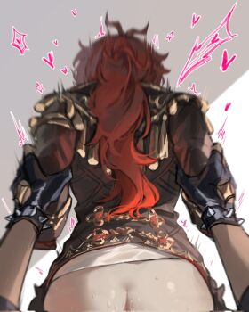 2boys ass black_gloves dark-skinned_male dark_skin diluc_(genshin_impact) fingerless_gloves genshin_impact gloves grabbing_another&#039;s_arm heart highres holding_another&#039;s_arm inseki kaeya_(genshin_impact) long_hair male_focus multiple_boys ponytail pov red_eyes red_hair sex sex_from_behind yaoi zehuij