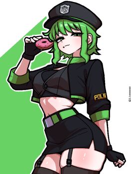 1girl belt black_gloves black_hat black_jacket black_skirt black_thighhighs buttons closed_mouth commentary crop_top donut eating english_commentary fingerless_gloves food food_on_face gloves green_belt green_eyes green_hair green_trim grey_shirt gumi hat holding holding_donut holding_food jacket jaggy_lines ji_heeeeeee looking_at_viewer outline police police_hat police_uniform policewoman shirt short_hair skindentation skirt thighhighs thighs twitter_username vocaloid white_outline