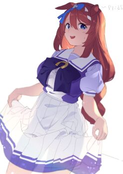 1girl absurdres animal_ears blue_bow blue_eyes bow bowtie braid breasts brown_hair commentary_request ear_bow goshichi_shoji hair_between_eyes highres horse_ears horse_girl large_breasts long_hair looking_at_viewer multicolored_hair open_mouth pleated_skirt puffy_short_sleeves puffy_sleeves purple_bow purple_bowtie purple_shirt sailor_collar sailor_shirt school_uniform shirt short_sleeves simple_background skirt skirt_hold smile solo streaked_hair super_creek_(umamusume) tracen_school_uniform umamusume very_long_hair white_background white_hair white_sailor_collar white_skirt