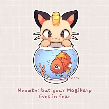 Rule 34 | animal focus, blush, cat, closed mouth, collar, coral, english text, fangs, fish, fishbowl, gen 1 pokemon, magikarp, meowth, nintendo, no humans, open mouth, pokemon, pokemon (creature), pokemon focus, rock, sevi (seviyummy), smile, tearing up, water